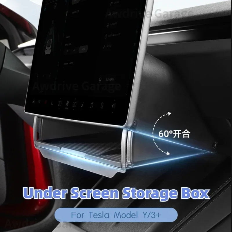 Under Screen Storage Box for Tesla Model Y/3+ Highland Model Y juniper Central Control Hidden Storage Organizer Tray Accessories